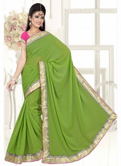 Parrot Green Color Saree With Cute Plain Pallu